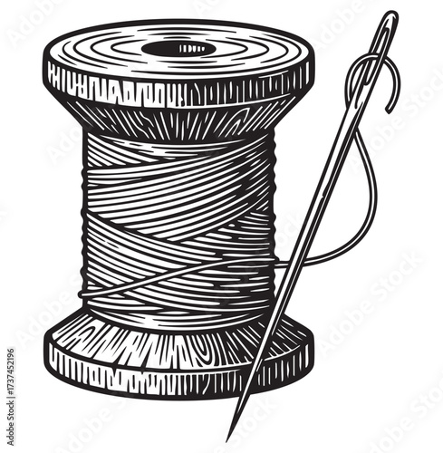 Vintage Sewing Engraving Hand Drawn Wood Spool of Thread with Needle and Textile Craft Tools Illustration