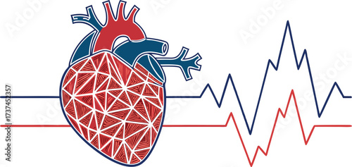 Geometric low poly heart graphic featuring a vibrant luminous glow effect on a dark background