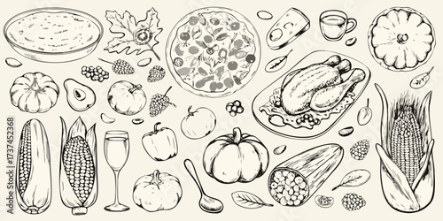 Hand drawn sketch of a bountiful harvest feast with roasted chicken pizza and autumn vegetables