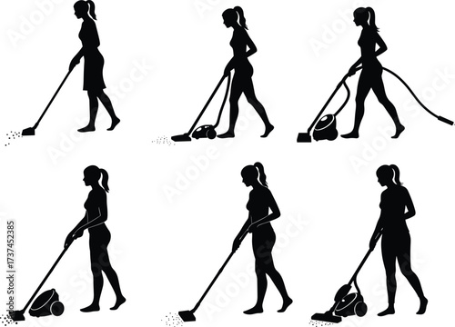 Woman vacuum cleaning floor with modern vacuum cleaner, silhouette illustration, household cleaning service, domestic chores, hygiene maintenance, professional maid work