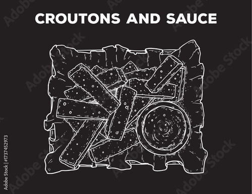 Croutons and sauce sketch. Hand drawn vector illustration. Gastropub, gastrobar, pub food. Detailed design element. Top view.