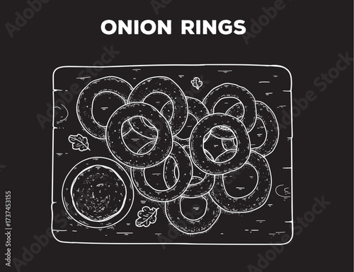 Onion rings sketch. Hand drawn vector illustration. Gastropub, gastrobar, pub food. Detailed design element. Top view.