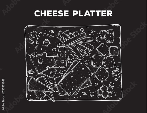 Cheese platter sketch. Hand drawn vector illustration. Gastropub, gastrobar, pub food. Detailed design element. Top view.