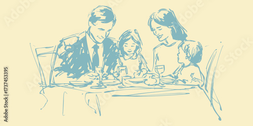 Minimal sketch of a family with two children dining together at a festive dinner table.