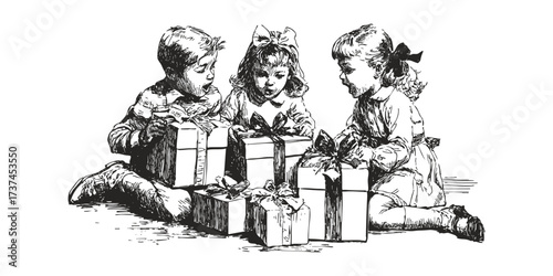 Three children dressed in vintage line art style sit with ribbon-tied Christmas presents. Vector pencil sketchy hand-drawn in detailed engraving.