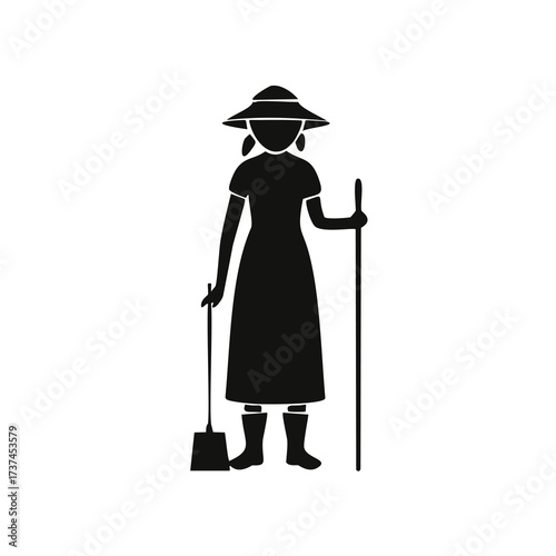 Farmer Woman with Broom and Pitchfork Silhouette vector