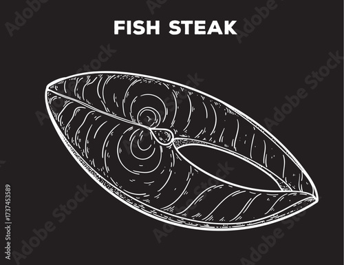 Fish steak sketch. Hand drawn vector illustration. Gastropub, gastrobar, pub food. Detailed design element. Top view.