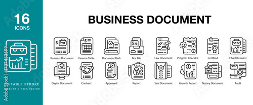 Business Document icon set. Includes document, business, office, paperwork, finance and More. Editable Stroke Icon Collection.