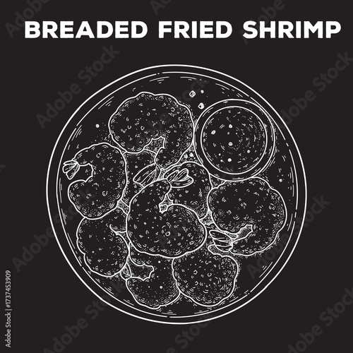 Breaded fried shrimp sketch. Hand drawn vector illustration. Gastropub, gastrobar, pub food. Detailed design element. Top view.