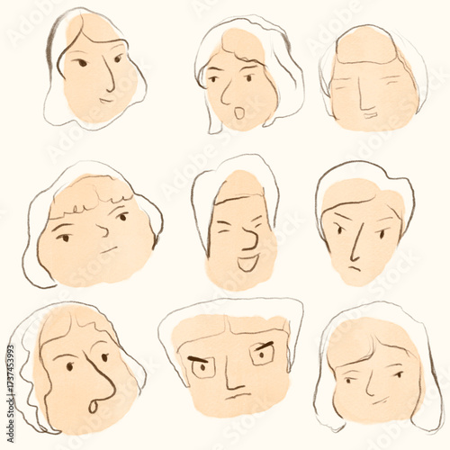 set of faces watercolor illutration expression
