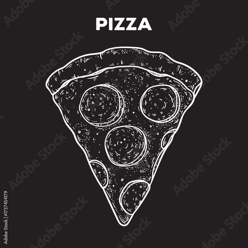 Slice of pizza sketch. Hand drawn vector illustration. Gastropub, gastrobar, pub food. Detailed design element. Top view.