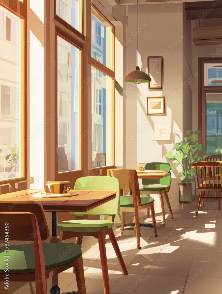 Fototapeta premium Sunny Cafe Interior with Modern Design and Warm Light