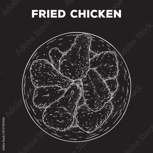Fried chicken sketch. Hand drawn vector illustration. Gastropub, gastrobar, pub food. Detailed design element. Top view.