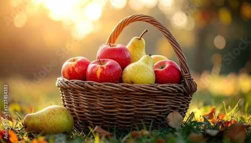 Basket of Apples and Pears in Golden Autumn Sunlight with Dew Drops