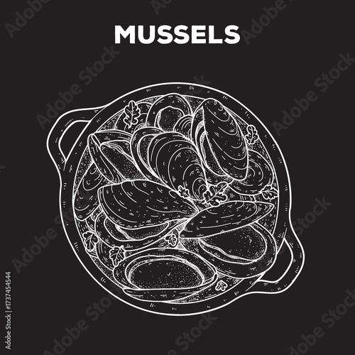 Mussels plate sketch. Hand drawn vector illustration. Gastropub, gastrobar, pub food. Detailed design element. Top view.