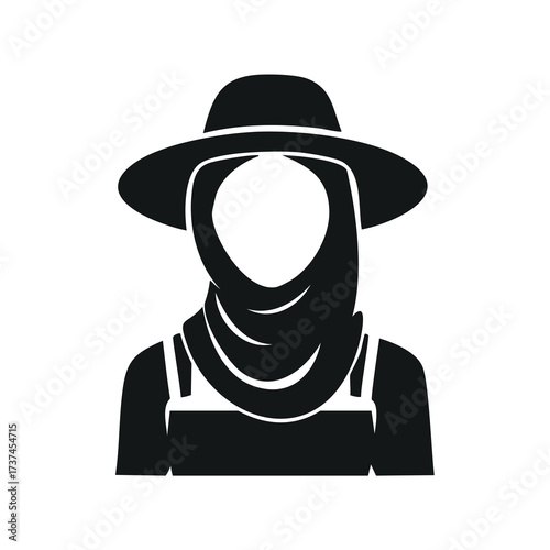 Silhouette of a woman wearing a hijab and farmer's hat Keywords: woman, hijab, farmer hat
