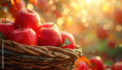 Basket of Red Apples with Water Droplets in Warm Sunlight and Blurred Bokeh Background