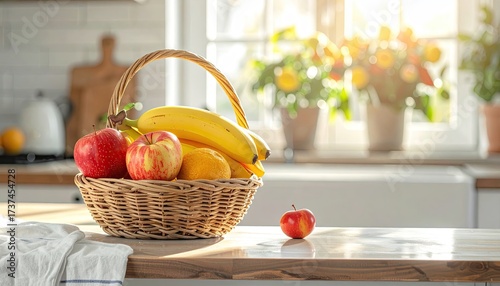 Basket of Ripe Fruits in Sunlit Kitchen with Apples Bananas and Citrus