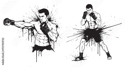 muscular fighter wearing black fingerless combat gloves in a fighting stance