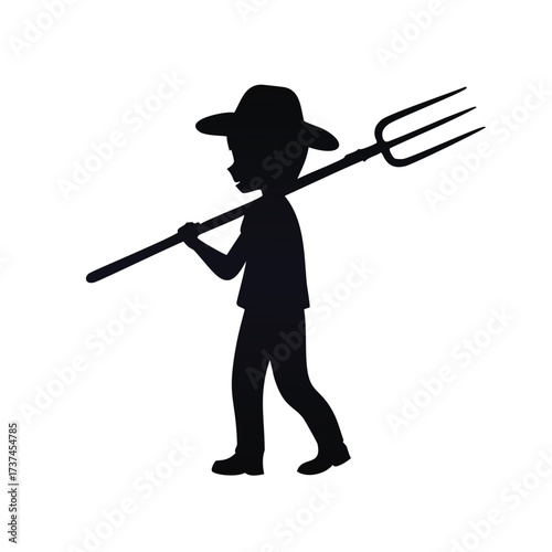 Silhouette of a young farmer with a pitchfork on a white background