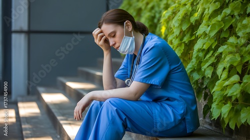 Tired nurse sitting outdoors with stress and exhaustion after work 
