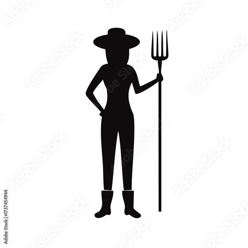 Woman Farmer Silhouette With Pitchfork On White Background Keywords: farmer, woman, silhouette