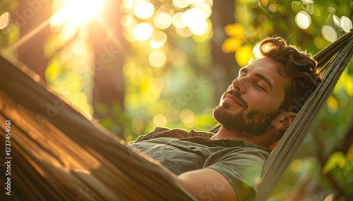 Bearded Man Relaxing in Hammock at Golden Hour Sunlight Filtering Through Green Trees in Background Serene Outdoor Scene Casual Wear