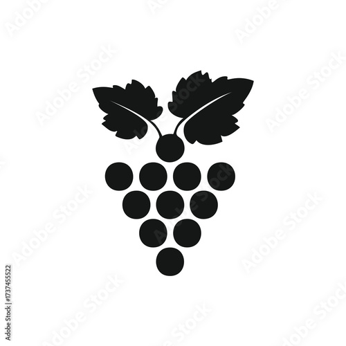 Black silhouette of a bunch of grapes with two leaves Keywords: grapes, fruit, food, bunch