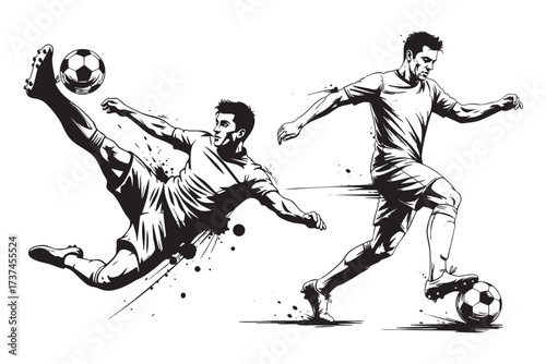 Dramatic overhead sideways scissor kick on a ball by soccer athlete. abstract black and white Vector brush illustration