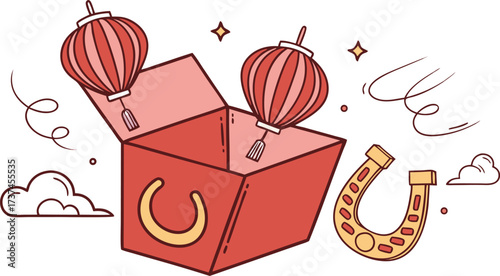 Shiny red open gift box illustration with a golden bow and internal light, representing celebration, surprise, and holiday giving.