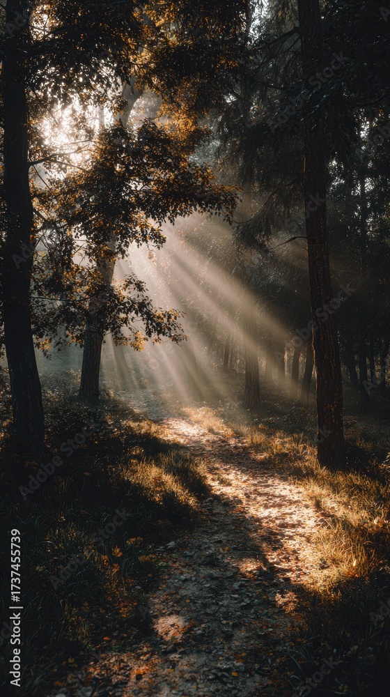 Fototapeta premium Golden Sunbeams on a Misty Autumn Forest Path