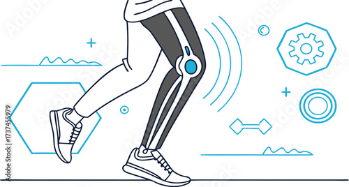 Stylized illustration of the human knee joint showing bones, ligaments, and cartilage in a modern medical design.
