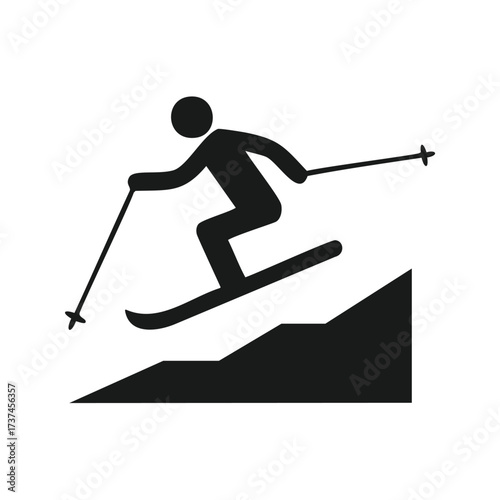 Black silhouette of a skier descending a slope Keywords: skiing, skier, slope, mountain, winter