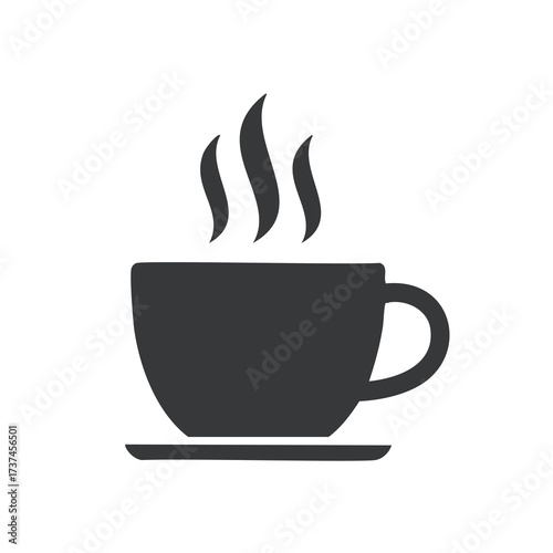 Black silhouette of a steaming coffee cup on a white background