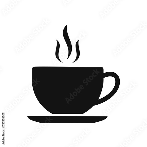 Black silhouette of a steaming coffee cup on white background Keywords: coffee, cup, mug, hot
