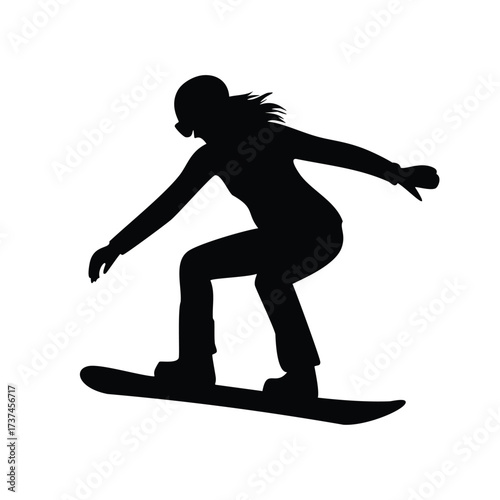 Black silhouette of a woman snowboarding in motion on white background