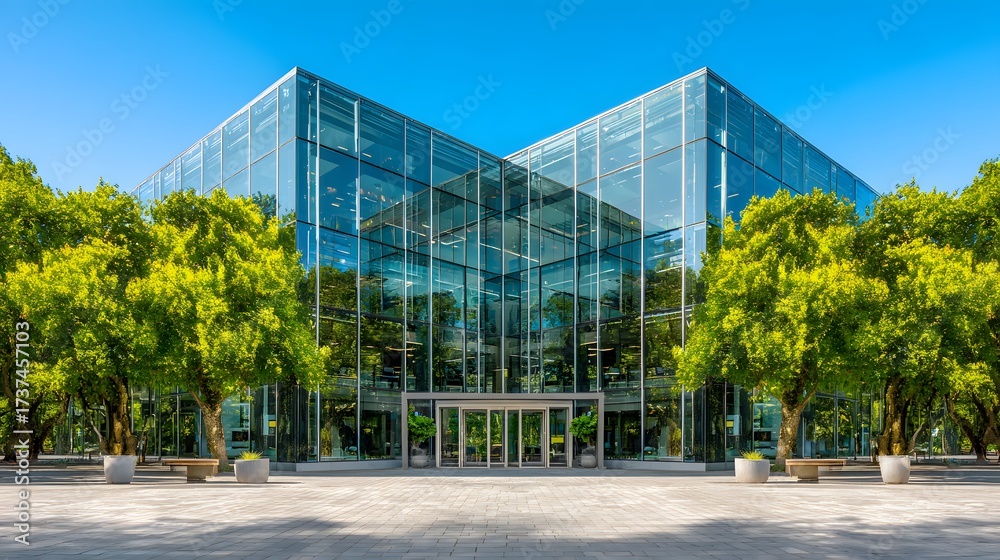 Obraz premium Modern glass building with a contemporary design showcases a clear blue sky and lush green trees framing its facade, creating a peaceful and natural environment, representing architecture.