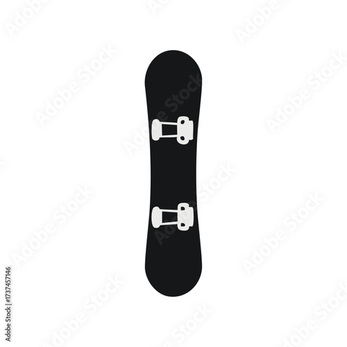 Black snowboard with white straps and buckles on white background