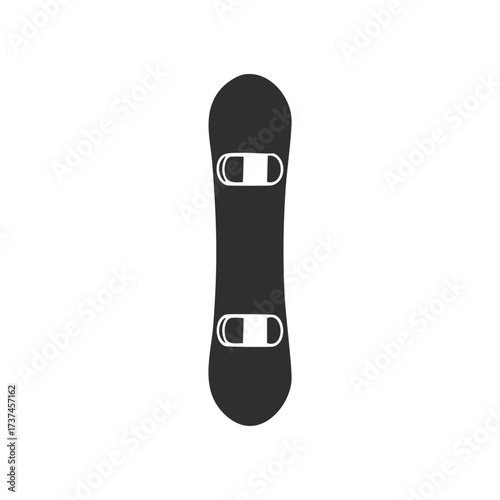Black snowboard icon with white bindings on white background