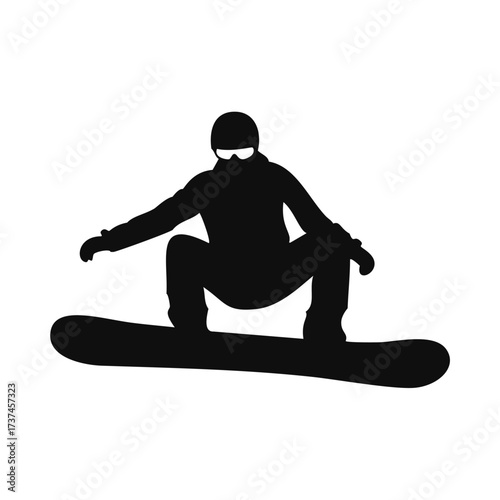 Crouching male snowboarder silhouette on white background