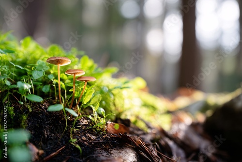 Close-up view of mushrooms on forest floor with greenery Generative AI