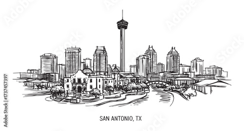 san antonio cityscape landscape panoramic, abstract brush sketch line vector 