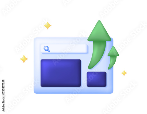 Illustration of a web page or browser symbol with an upward arrow. Website development concept. Browser upgrades and updates. optimization. 3D style design. White background