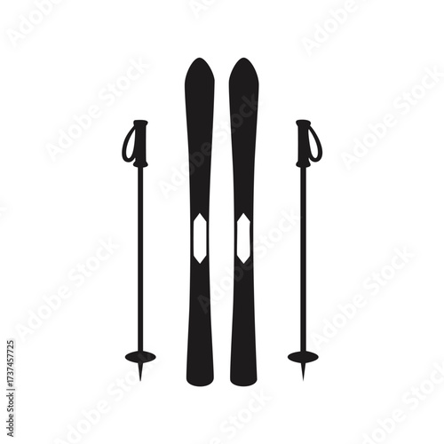 Skis and poles with straps icon on white background Keywords: skis, ski poles, winter sport