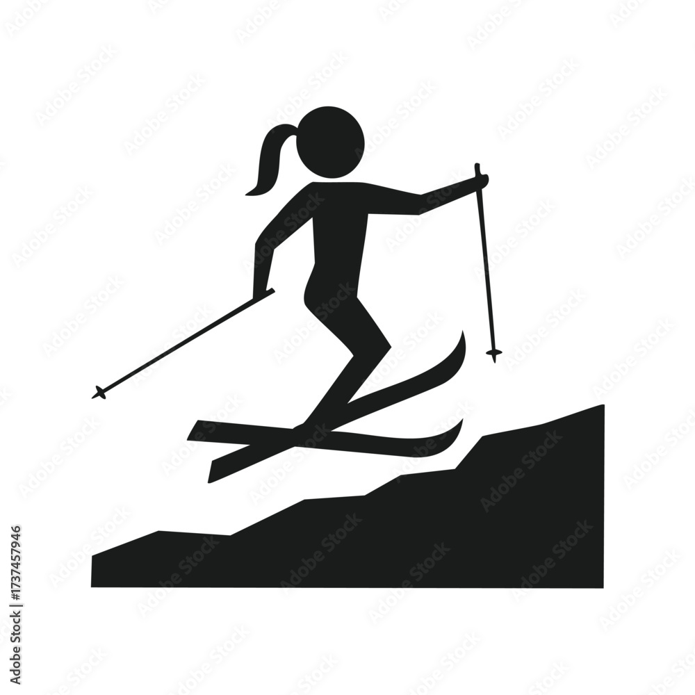 Fototapeta premium Woman skiing silhouette over rocky terrain female skier