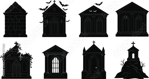 Haunted mausoleum and crypt silhouettes with gothic crosses, bats, graveyard architecture, spooky tombs, and Halloween horror cemetery vector illustration design.