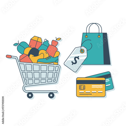 Online shopping frenzy with full cart, shopping bag, and credit cards symbolizing retail convenience and consumerism