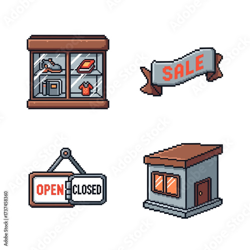 Charming pixel art collection depicting retail elements like storefronts, display cases, sale banners, and open/closed signs for your next project.
