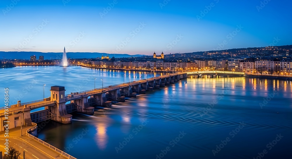 Fototapeta premium Geneva Jet dEau and Pont du Mont-Blanc at Dusk.
