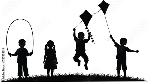 Children playing silhouette, outdoor activity, kite flying, jump rope, grassy field, black figures, vector illustration, white background, childhood fun